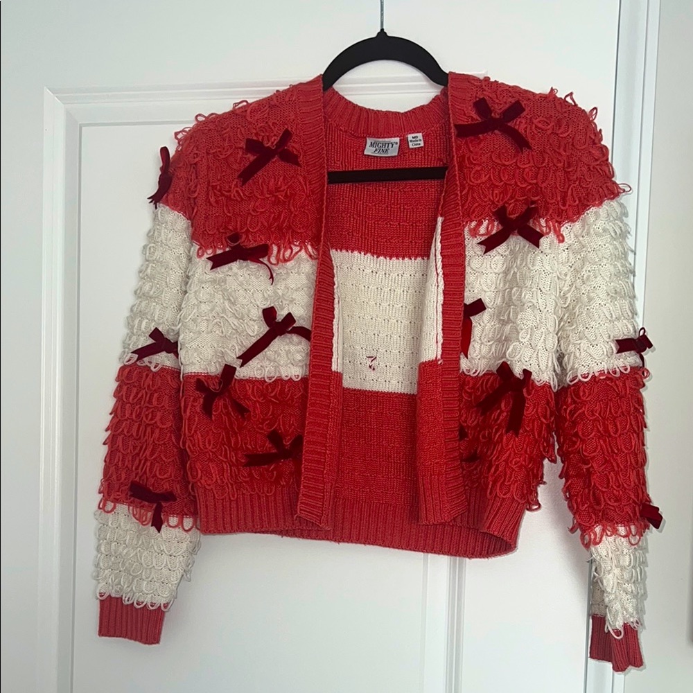 Red and White Cardigan with Bow Accents